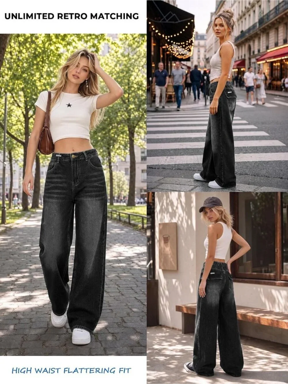 Women's Black Denim Y2k Straight Leg Button Zipper High Waisted Baggy Jeans